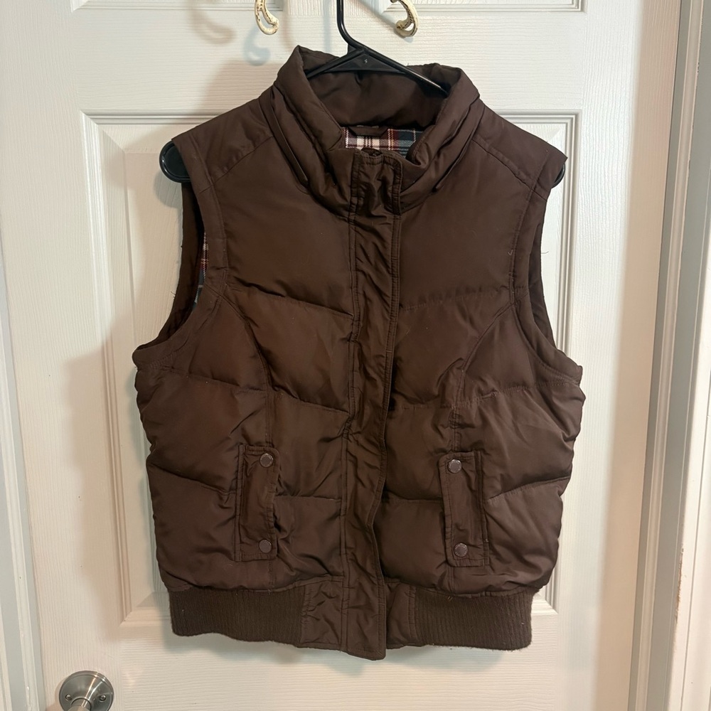 Maurices Brown Puffer Vest with Plaid Lining